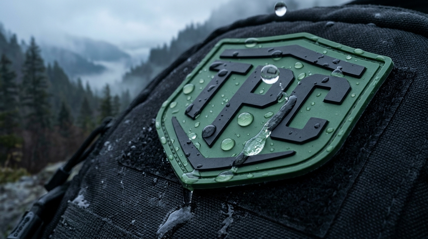 Green weatherproof PTC patch covered in rain
